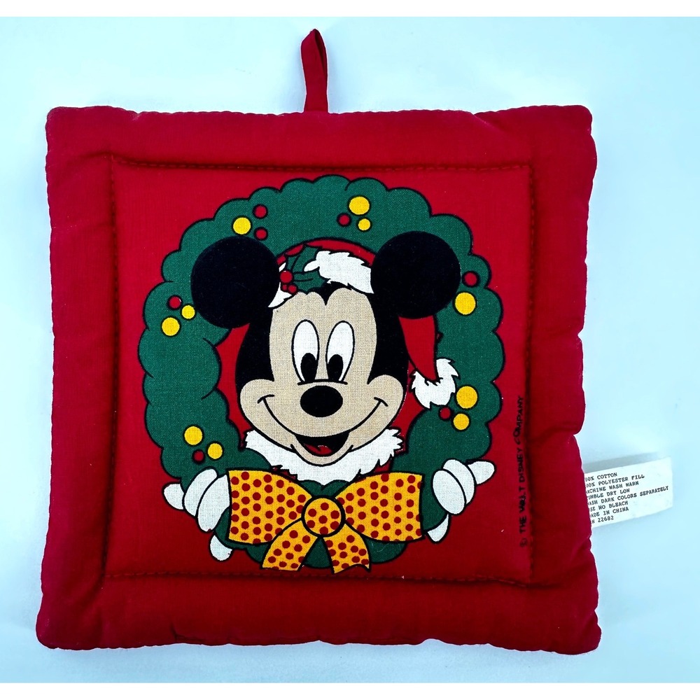 Vintage Disney Mickey Mouse Christmas Potholder Red Wreath Holiday Kitchen Decor